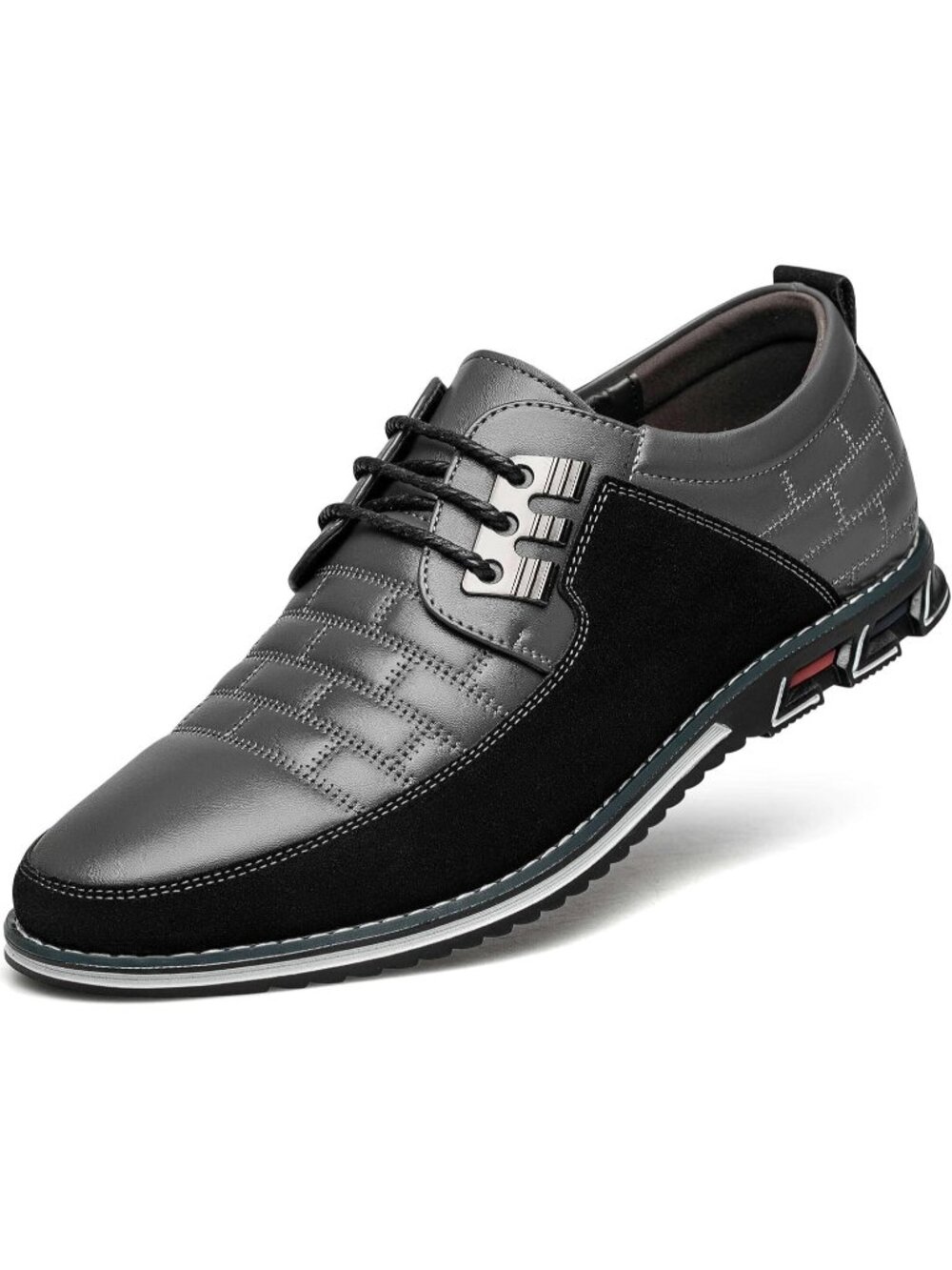 Men's Grey Plaid Embossed Grid Leather Comfortable Hybrid Oxford Dress Sneakers